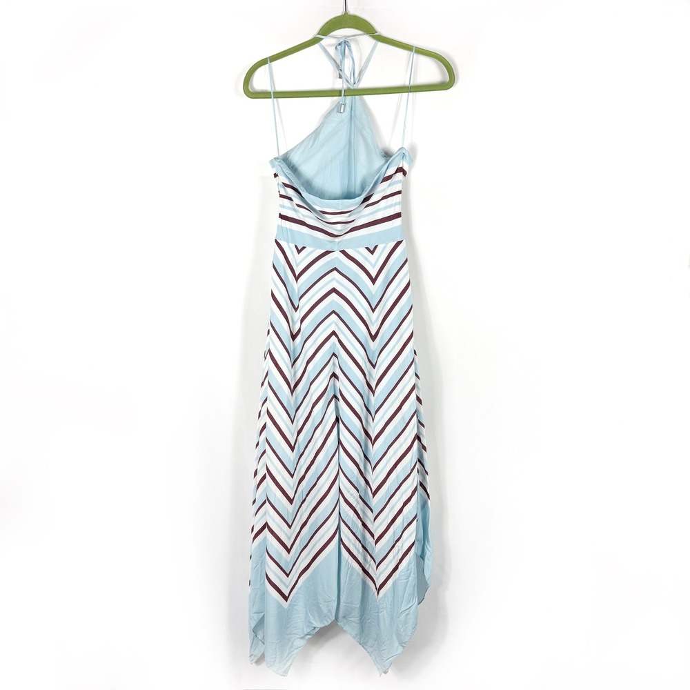 SIMKHAI Hera Halter Midi Dress Blue Chevron Striped Silk Blend Handkerchief Sz M - Picture 13 of 16